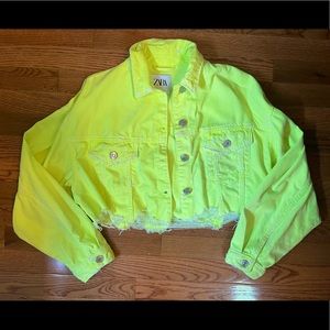 Zara Distressed Neon Yellow Cropped Denim Jacket